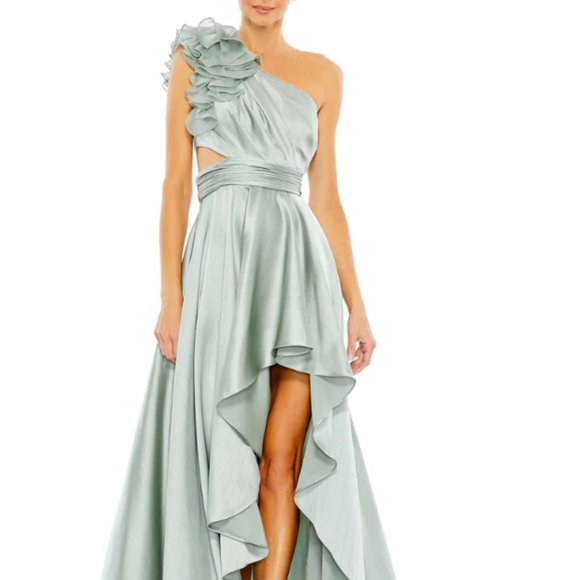 MAC DUGGAL 49523 RUFFLED ONE SHOULDER CUT OUT HI-LO SAGE GOWN sz 2 - Picture 1 of 5